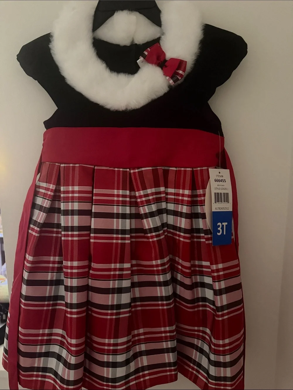 Holiday Plaid Girls Dress with Faux Fur Collar - Red & Black